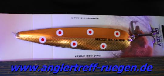 Grizzly Big Salmon - Kupfer/Gold mit Weiß/Roten Punkten - 150 mm Trollinglöffel -Trollingblinker - Schleppblinker Lachs Mefo 